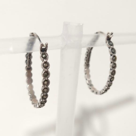 925 Sterling Silver Hoop Huggie Earrings Round Marcasites Signed A Jewelry Lot - Picture 14 of 14